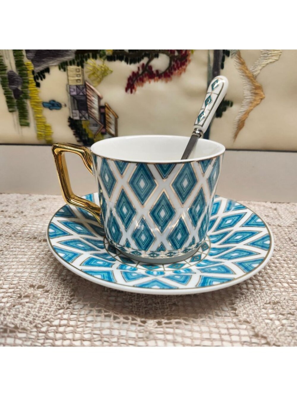Porcelain Tea Cup Saucer & Spoon Set Teal Blue Geometric Pattern Gold Handle 3 p - Picture 6 of 7